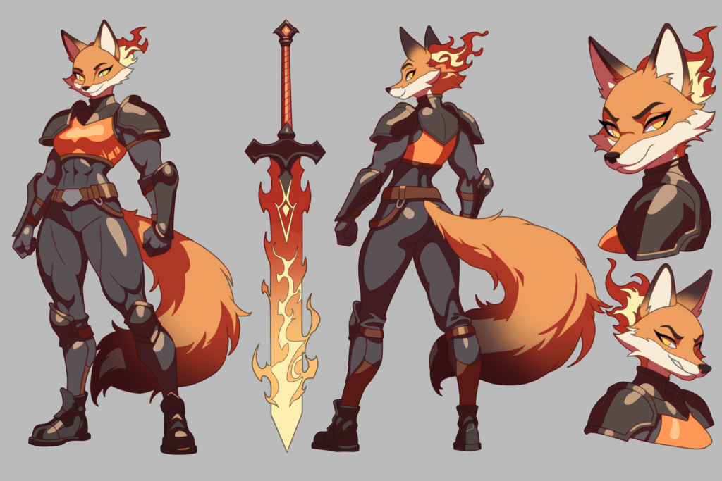 Reference sheet of Ker, an anthropomorphic fire elemental red fox. Eir body consists of orange red fur, with black and white accents. Eir head has flames whisping out the backside. Ey is wearing black armor with an orange breastplate and has a flaming sword used for protecting.