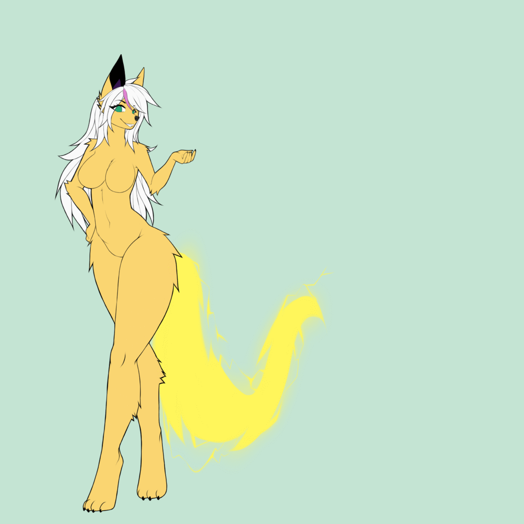 Reference sheet of Ally, an anthropomorphic yellow and white electric fox with Jolteon like features. Eir body consists of a yellow fur tone with white hair that has a pink accent stripe. Her tail is electrified.