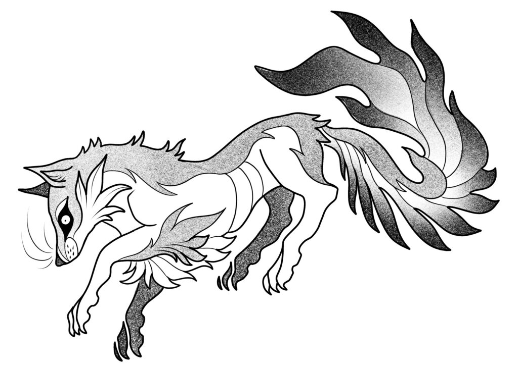 Black and white art of a dire fox. It largely resembles a fox along with some features you would find in a wolf.