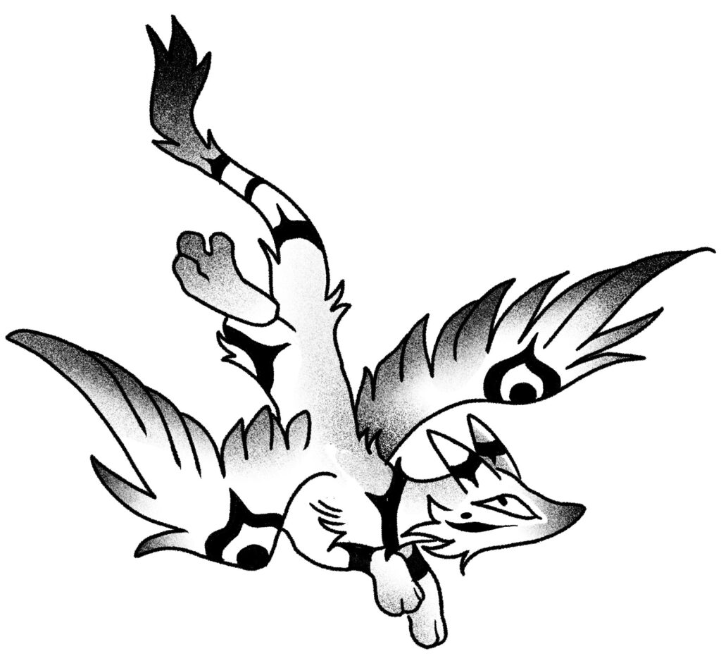 Black and white art of a fox/dragon/wolf. It represents Riyu, a koryū (fox dragon). It has a fox/wolf like body with large fur covered wings extending from its back. Dark banding accents its body and the horns on its head. It has a collar on.