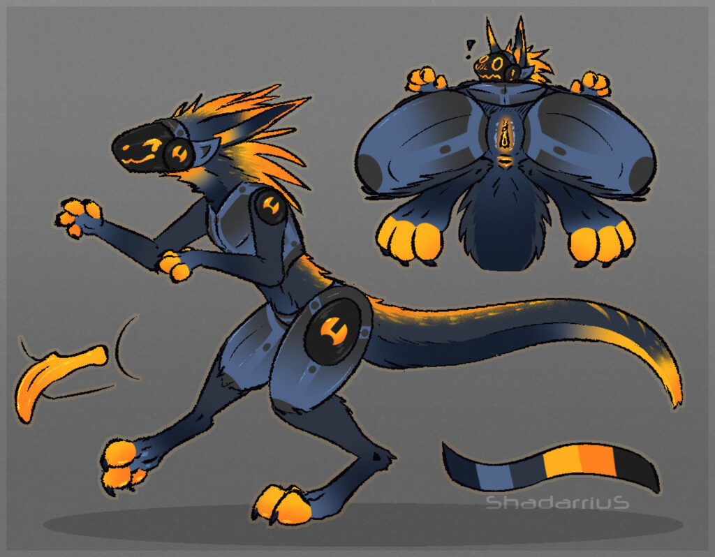 Protogen reference sheet. It is a blue protogen with orange accents.